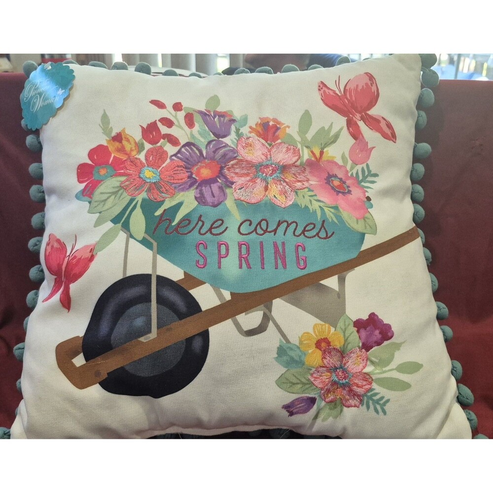 NWT Pioneer Women Here Comes Spring Decorative Pillow Embroidered Checkered Back